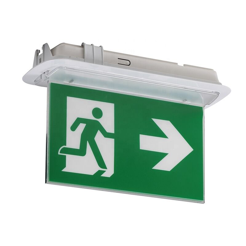 Segnaletica di emergenza LED bifacciale con cassa in ABS ignifugo, funzionamento 3 ore, batteria Ni-Cd